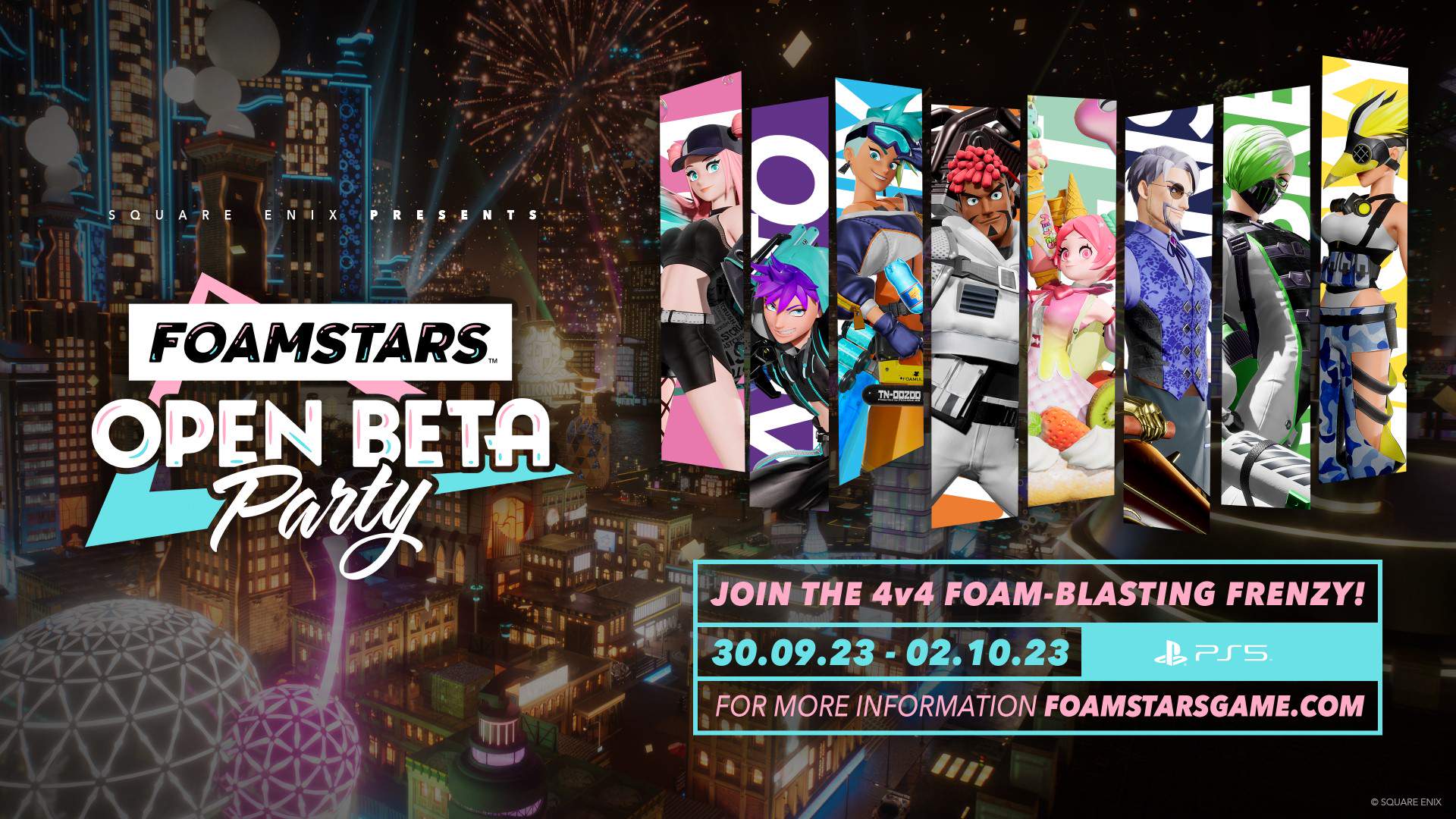FOAMSTARS OPEN BETA PARTY flyer invitation featuring the eight FOAMSTARS characters