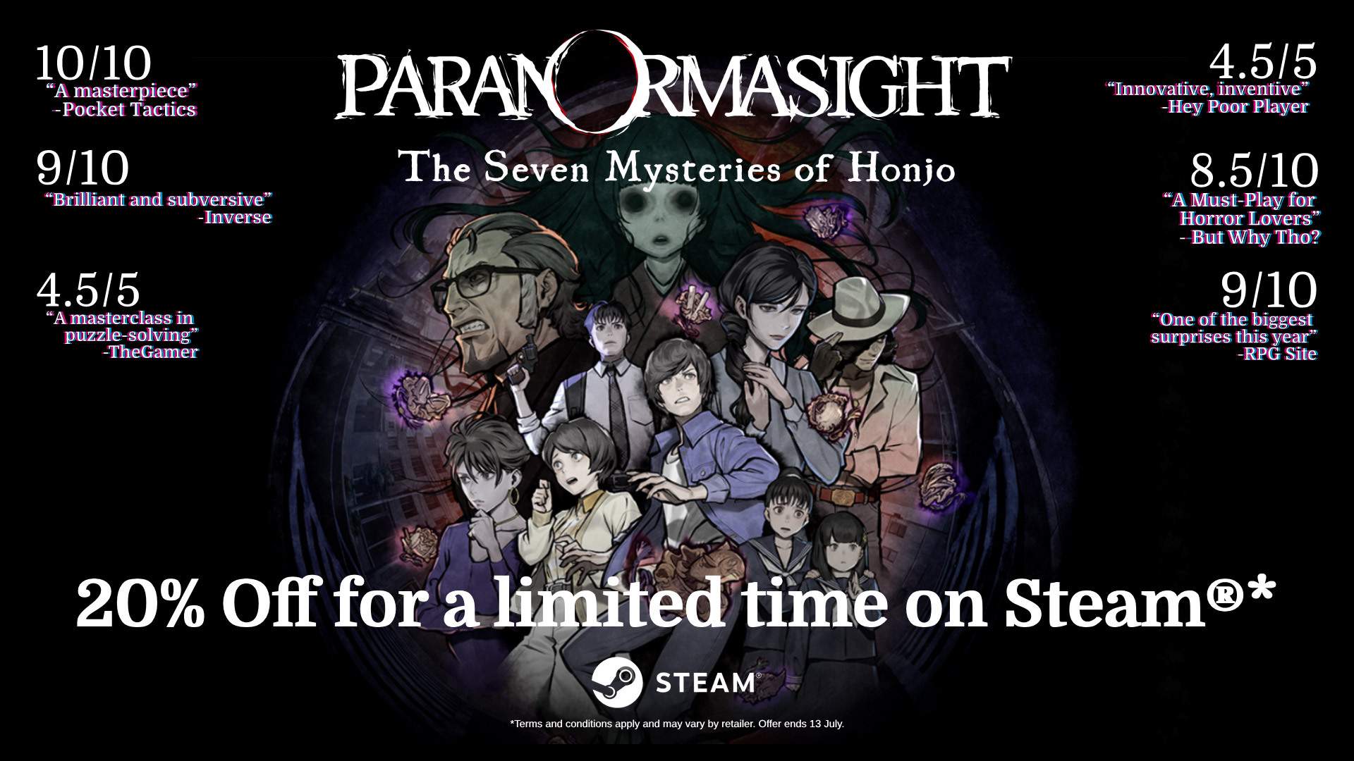 PARANORMASIGHT characters overlooked by a haunting, ghost. Now 20% off for a limited time on Steam.